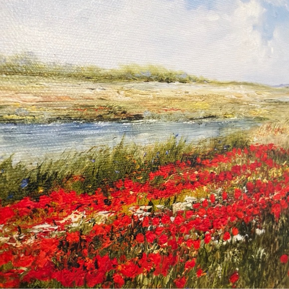 Golden Framed Landscape Art with Red and Green Accents by Carlos Rioz - Picture 3 of 9